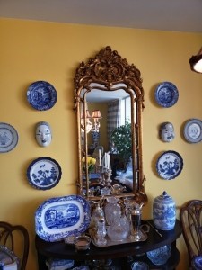 A view of the Dining room feature wall, with blue and white market finds.